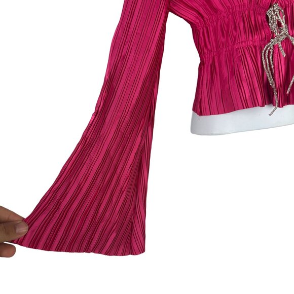 Blue b Collection Hot Pink Pleated Long Sleeve Top With Drawstring Waist Size S - Picture 3 of 8